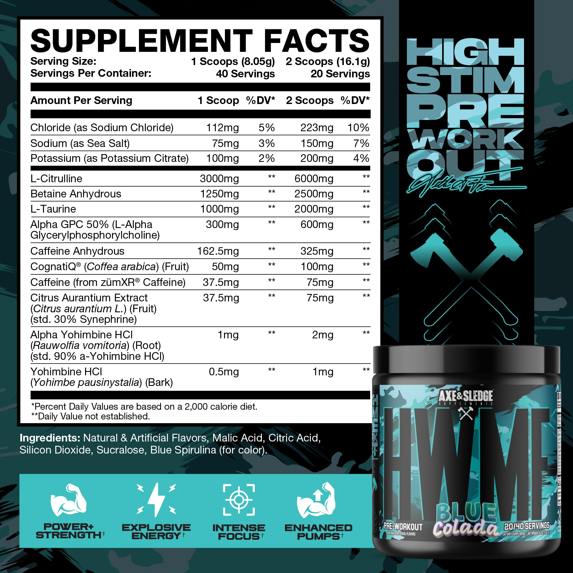 Axe & Sledge HWMF caffeine-dosed scoop for sustained pre-workout energy.