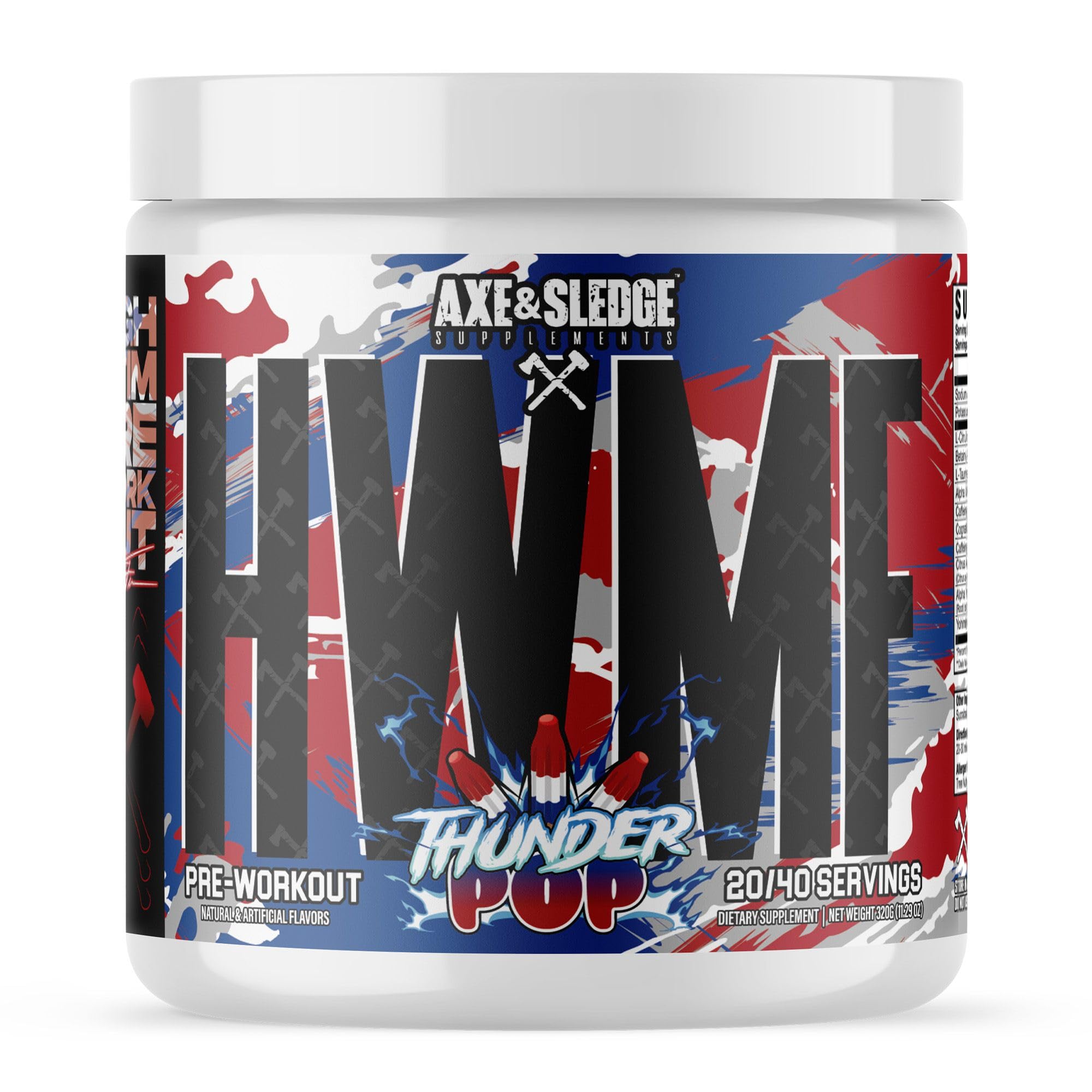 Axe Sledge HWMF high-stim powder tub showcasing sustained workout energy.