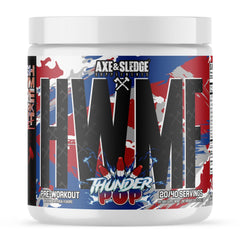 Axe Sledge HWMF high-stim powder tub showcasing sustained workout energy.