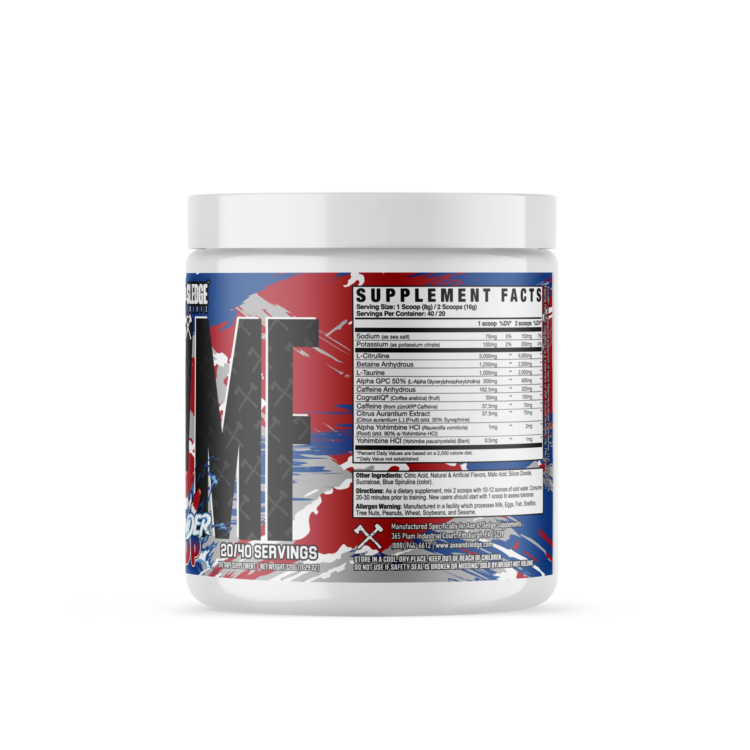 Axe Sledge HWMF pre-workout scoop releasing powder for quick energy prep.