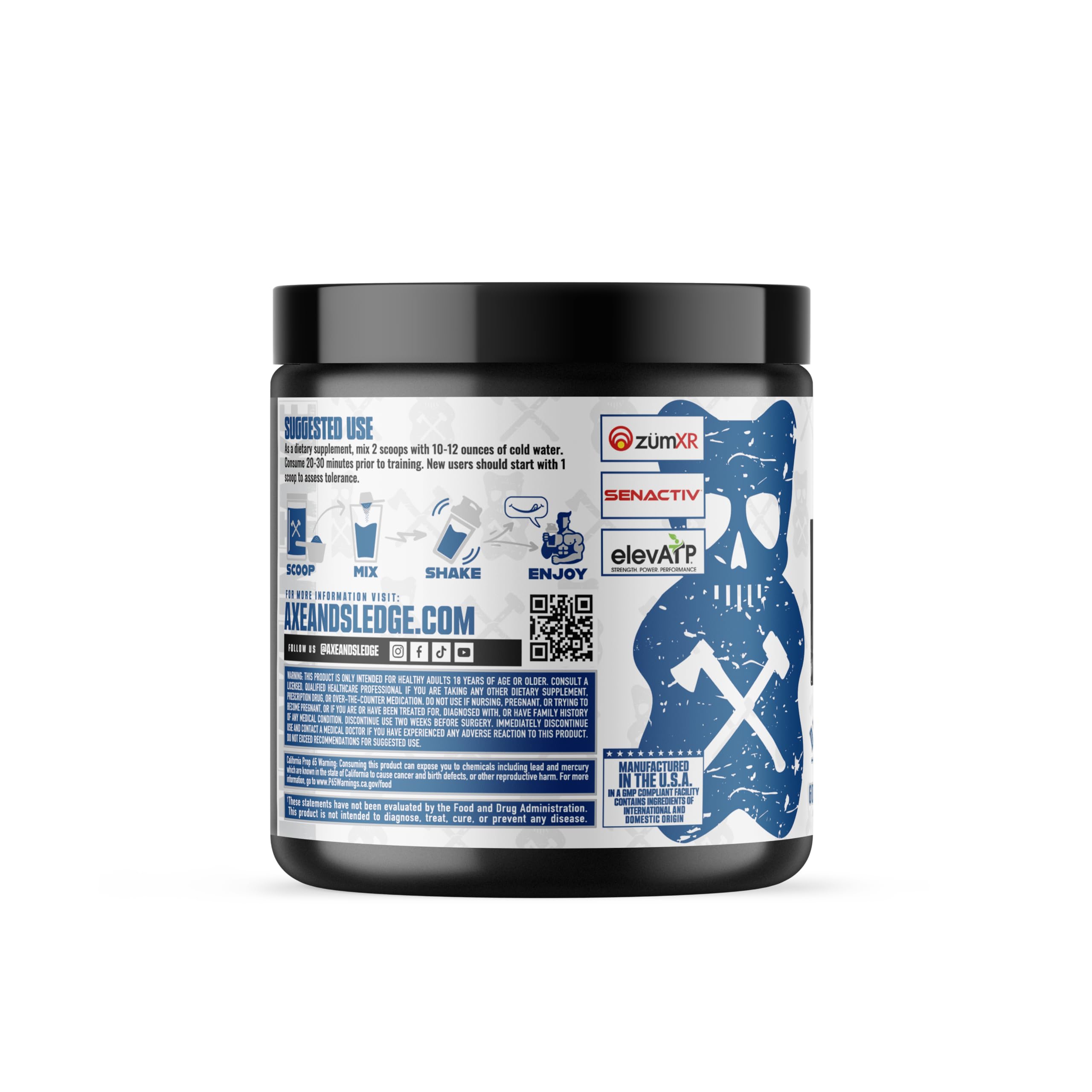 A close-up of Axe & Sledge Intake tub label highlighting premium ingredients for focus.