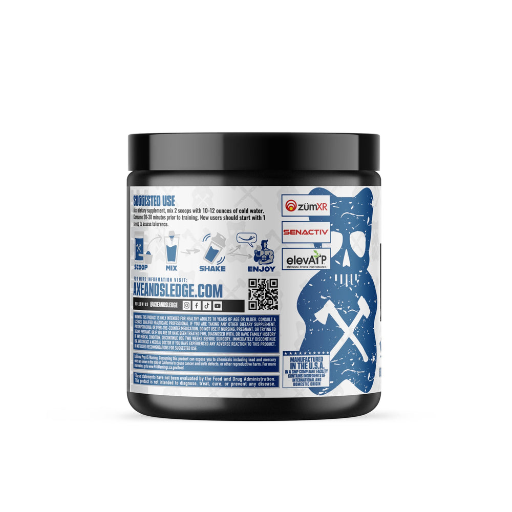 A close-up of Axe & Sledge Intake tub label highlighting premium ingredients for focus.