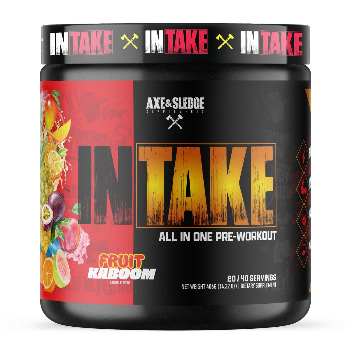 Axe & Sledge Intake tub label visible for a high-energy workout session