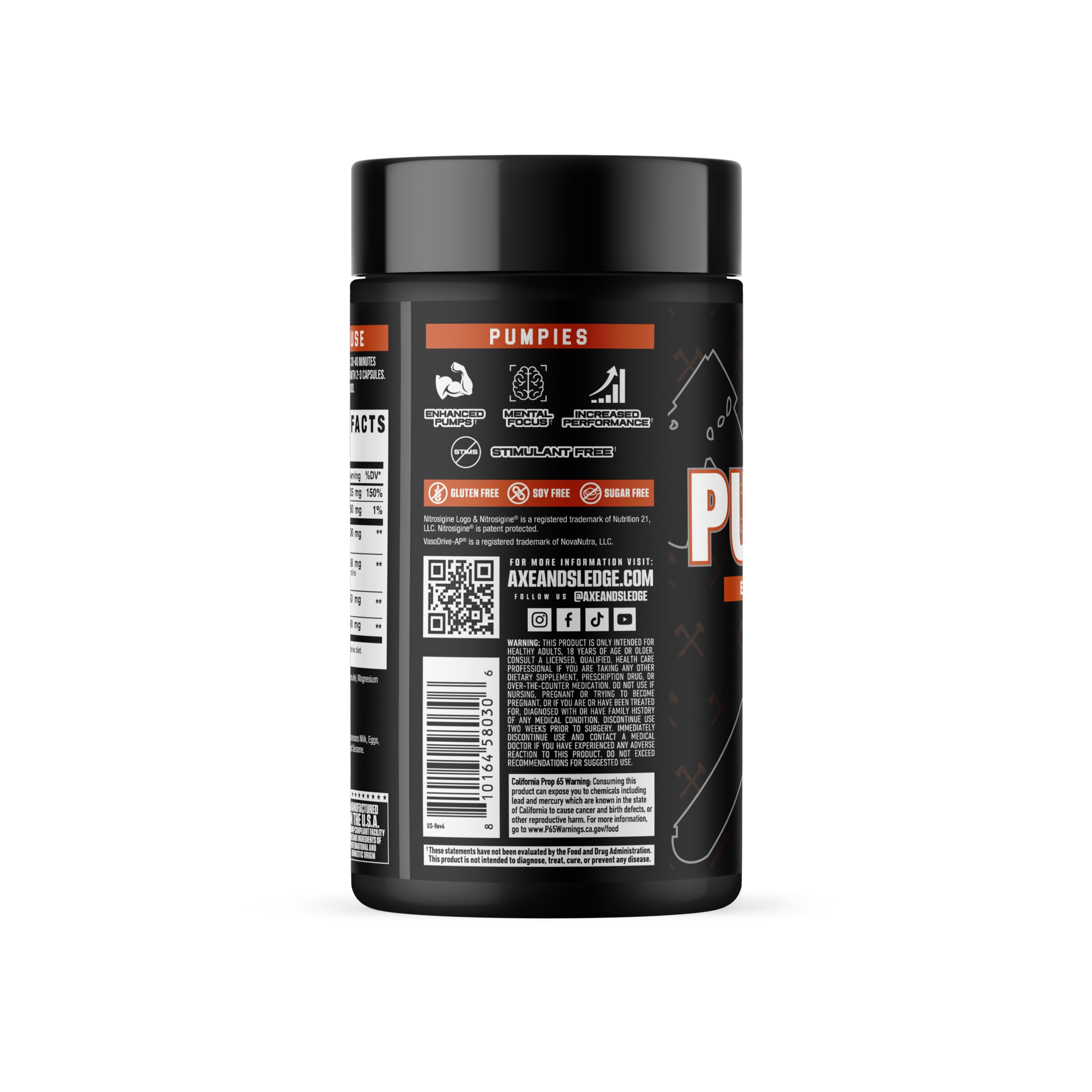 Axe & Sledge PUMPIES container front showing 100 capsules and servings.