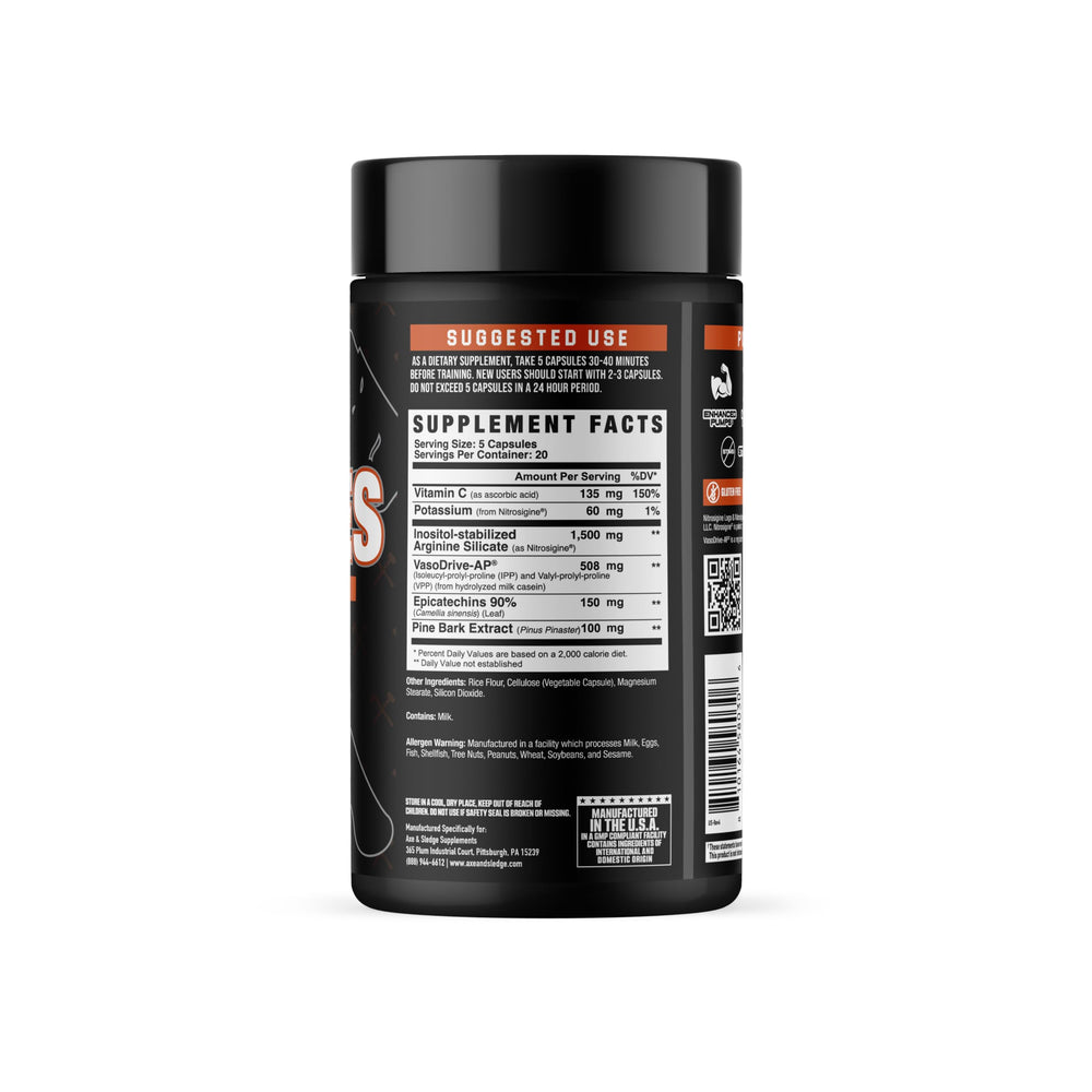 Axe & Sledge PUMPIES label with clinically dosed ingredients and servings.