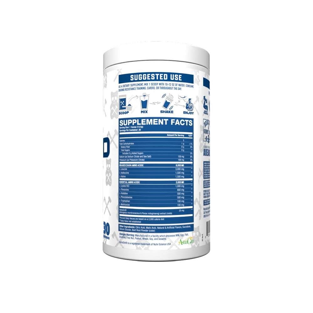 A glass with The Grind drink highlights hydration and amino acid support during workouts.