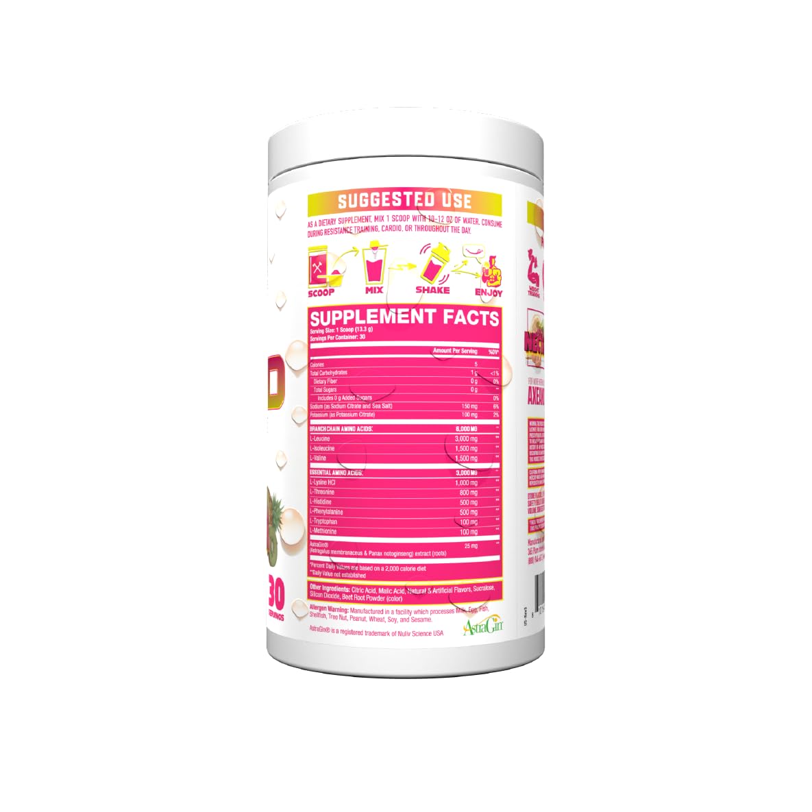 Axe & Sledge The Grind tub front label showcasing stimulant-free vegan formula and essential amino acids.