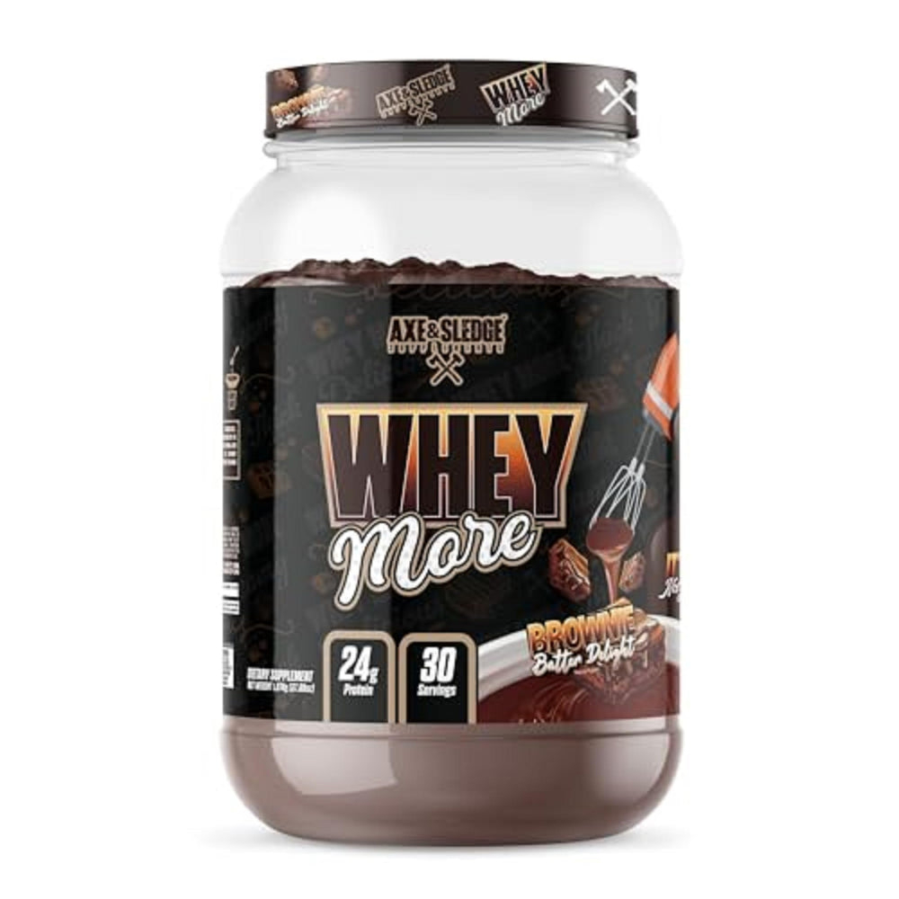 Axe & Sledge WHEY More brownie batter tub with protein label and logo.