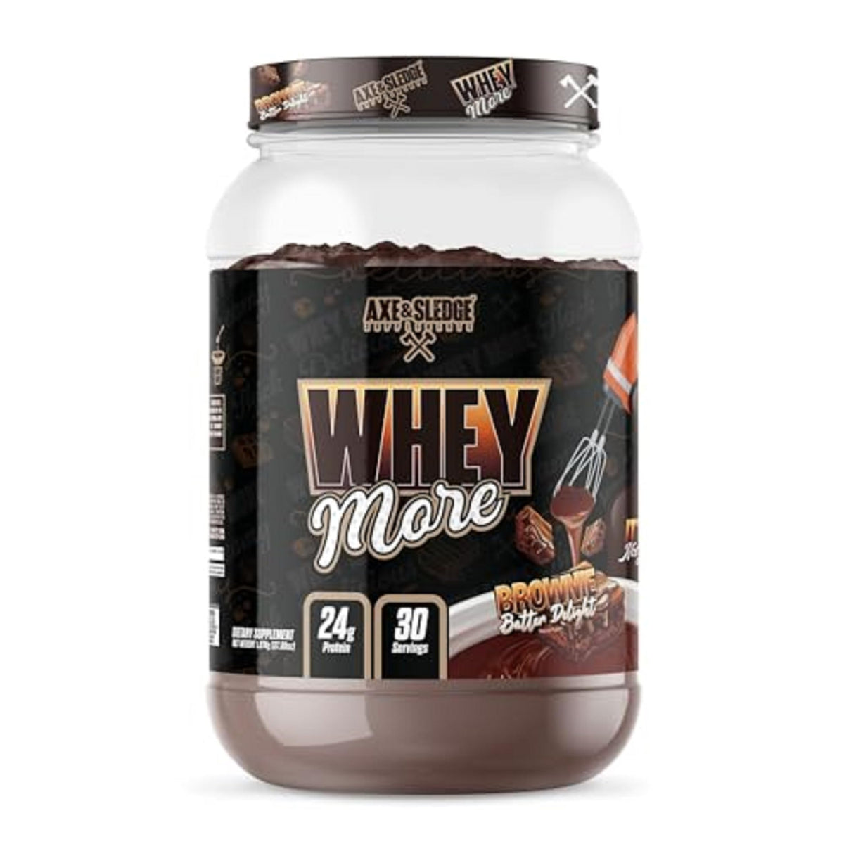 Axe & Sledge WHEY More brownie batter tub with protein label and logo.
