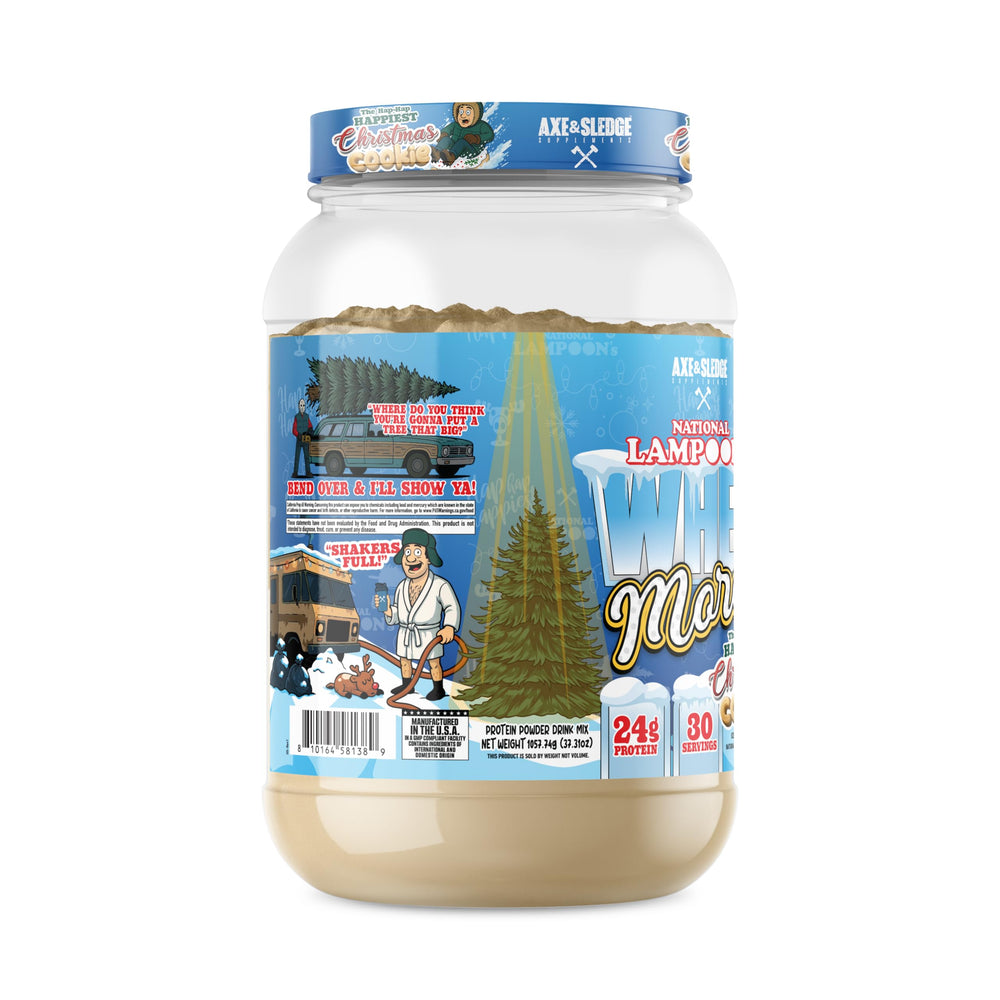 A tub of Christmas Cookie flavored WHEY MORE with prebiotic fiber for digestion.