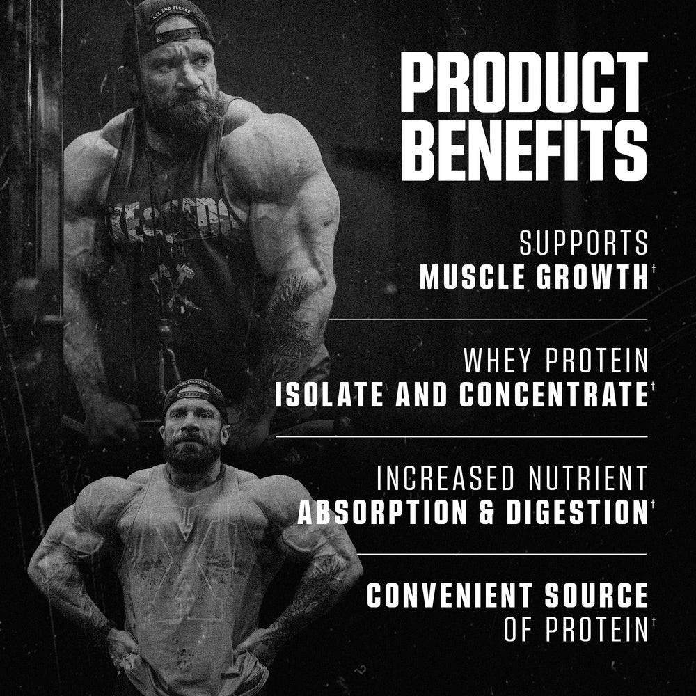 Axe & Sledge WHEY More tub with measuring scoop for portioning.