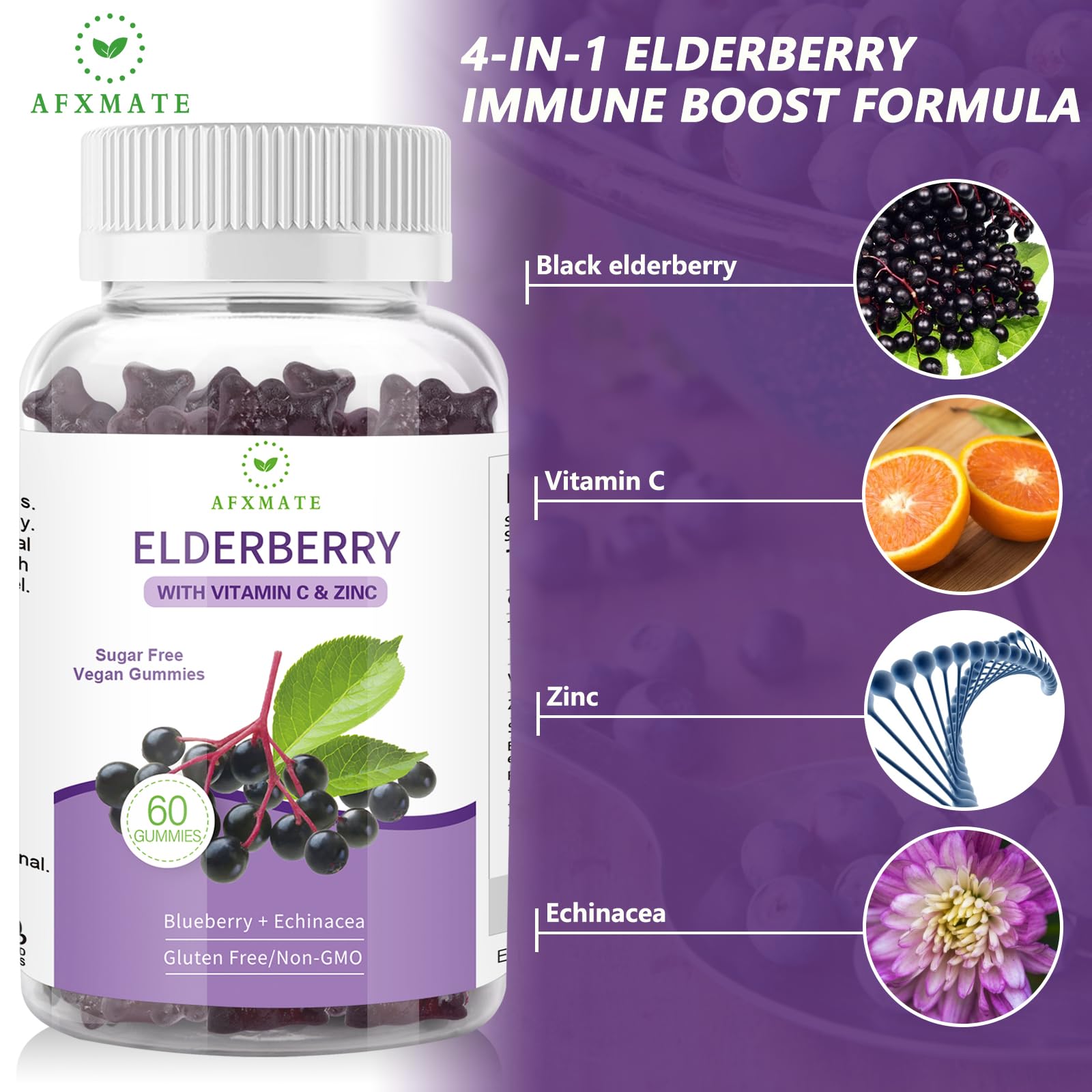 AFXMATE Sambucus gummies close-up showing berry flavor and sugar-free formula.