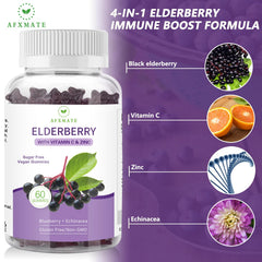 AFXMATE Sambucus gummies close-up showing berry flavor and sugar-free formula.