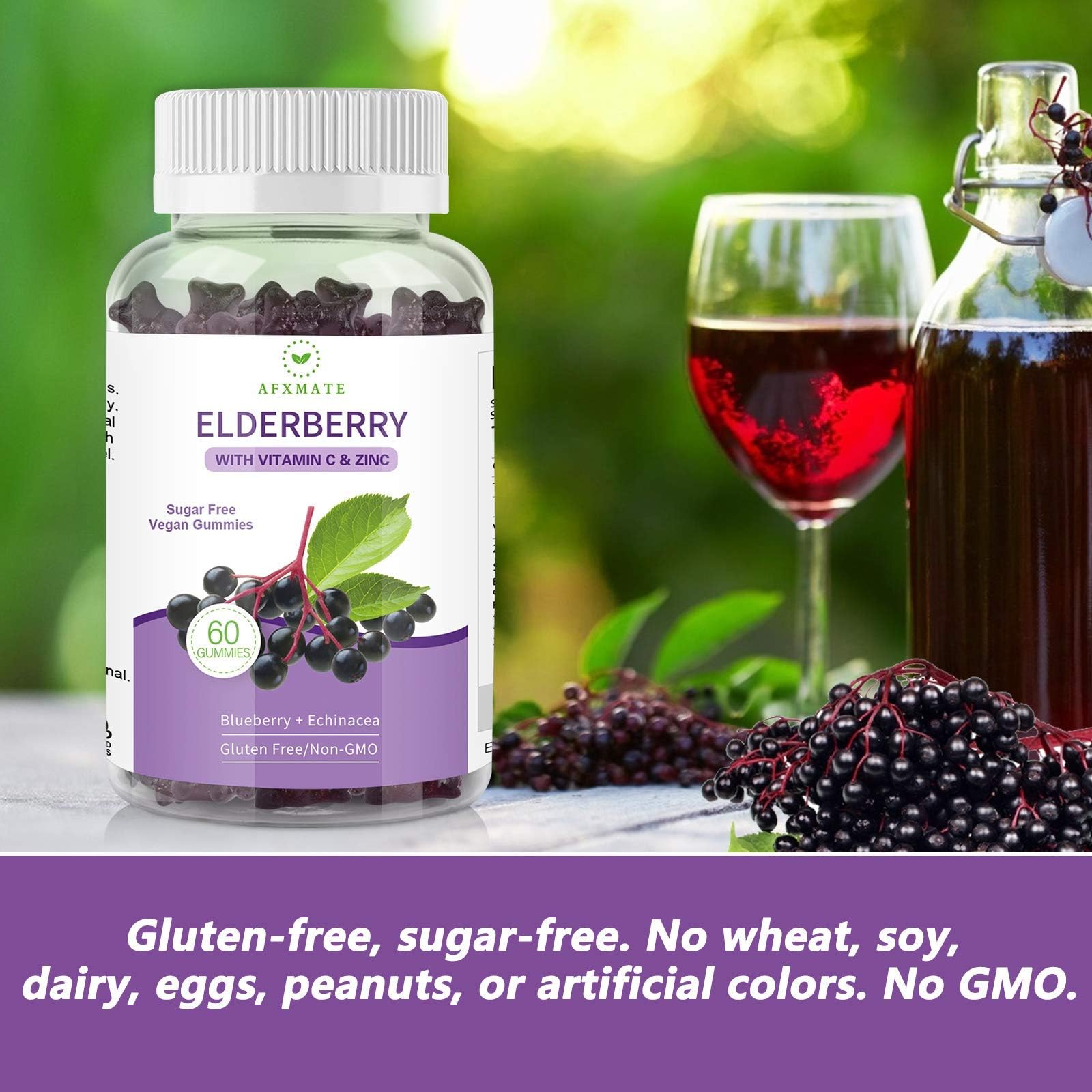 AFXMATE Sambucus sugar-free berry gummies in bright bottle.