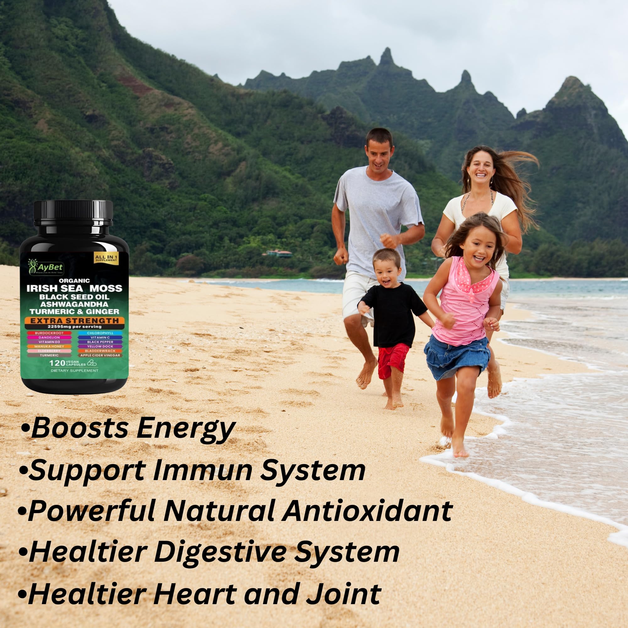 AyBet ashwagandha and black seed oil capsules display a diverse nutrient mix.