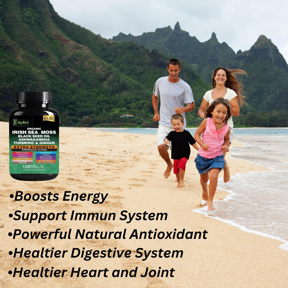 AyBet ashwagandha and black seed oil capsules display a diverse nutrient mix.
