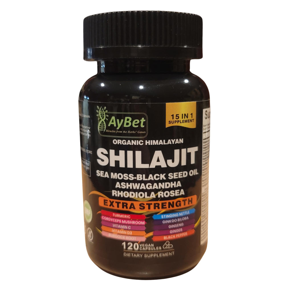 AyBet Himalayan Shilajit bottle close-up showing mineral profile