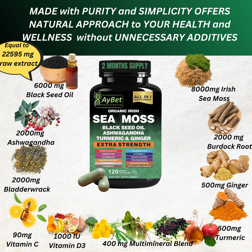 AyBet sea moss capsules close-up highlighting a plant-based nutrient source.