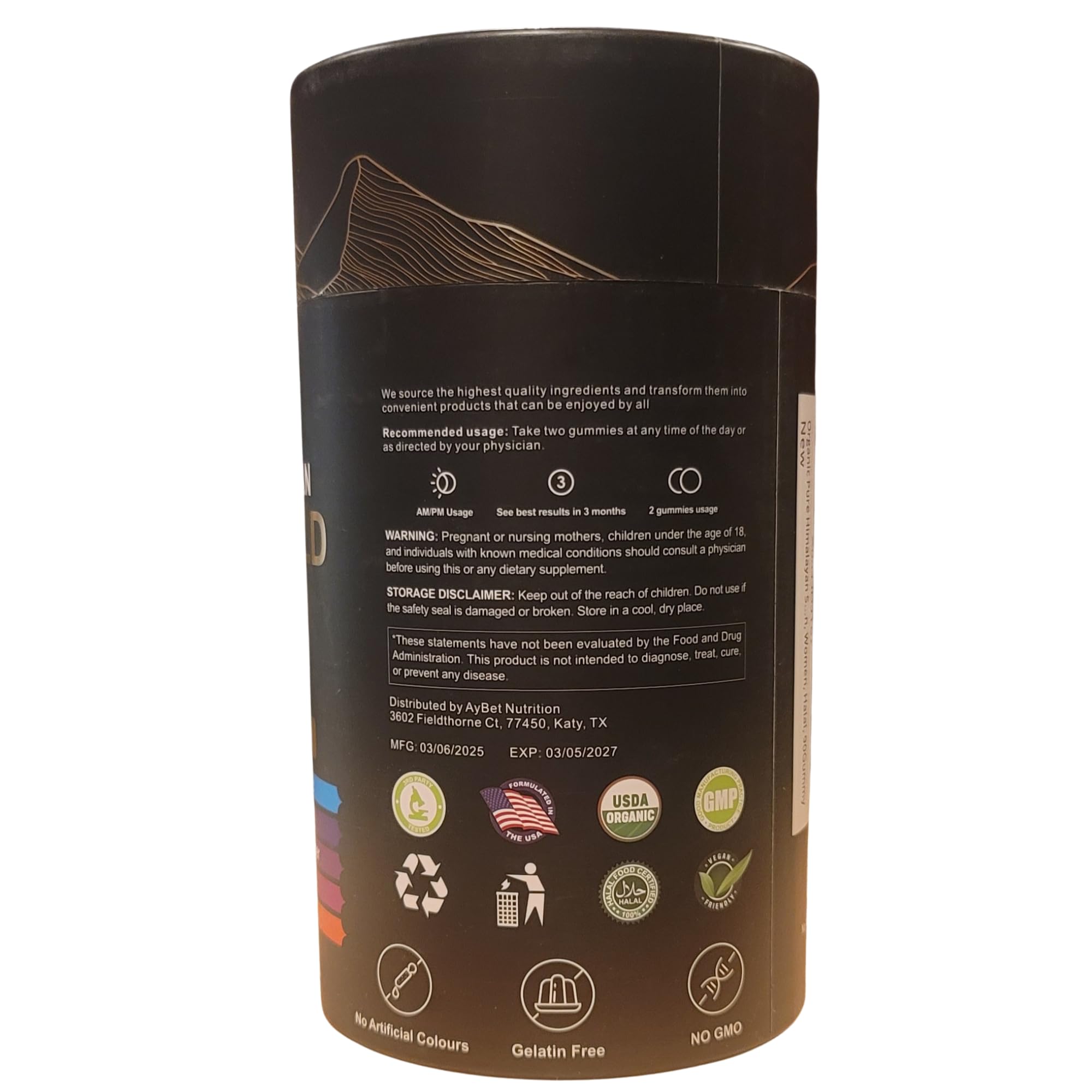 AyBet Shilajit Gold Gummies dosage directions showing two gummies daily.