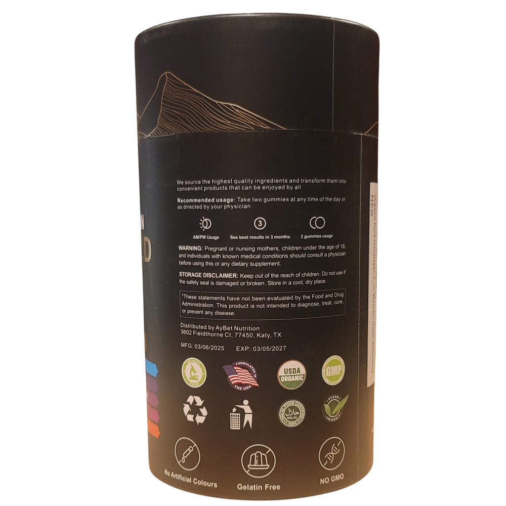 AyBet Shilajit Gold Gummies dosage directions showing two gummies daily.