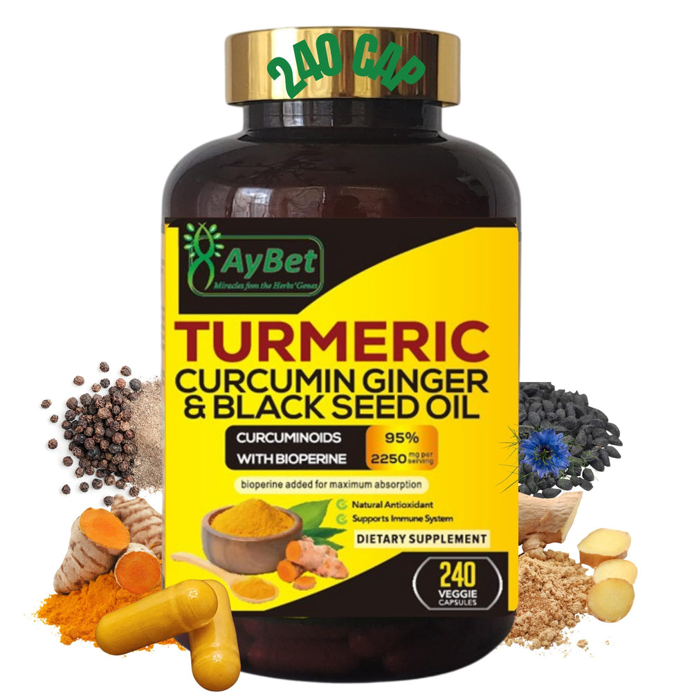 AyBet World turmeric curcumin ginger black seed oil capsules on a bottle, boosting absorption.