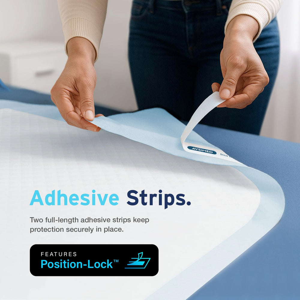 AYDMED full-length adhesive strips on bed pad