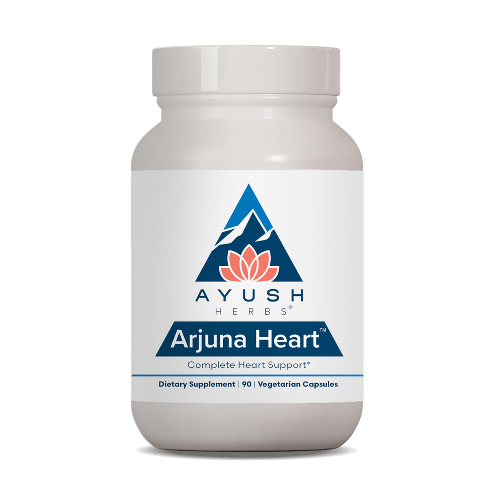 Ayush Herbs Arjuna Heart bottle label close-up for daily heart support.