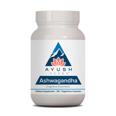Ayush Herbs Ashwagandha capsules bottle showing packaging and branding for daily calm and energy support