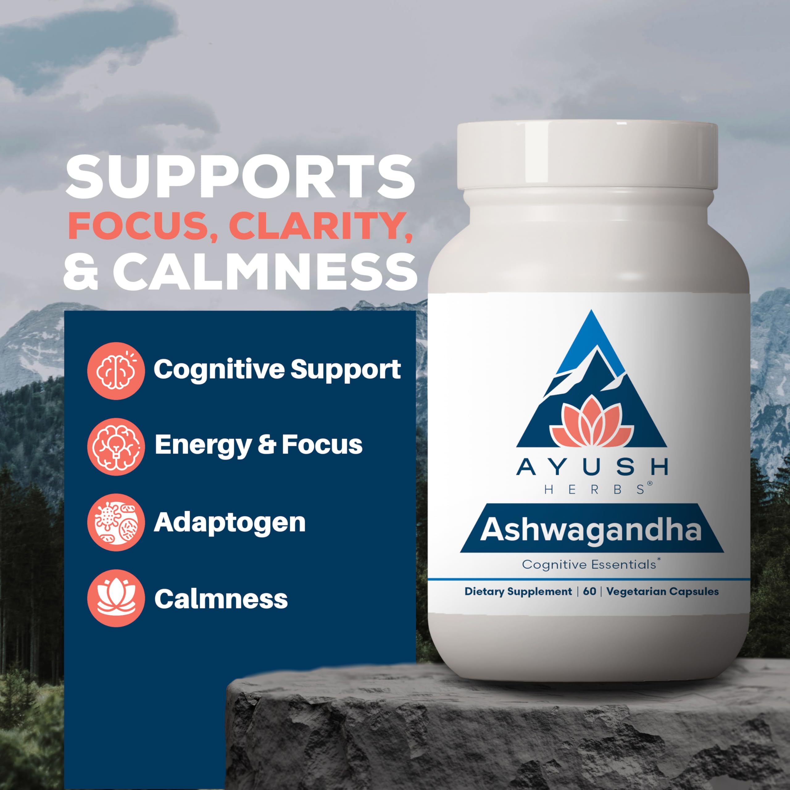 Ayush Herbs Ashwagandha packaging front view with 60 vegan caplets