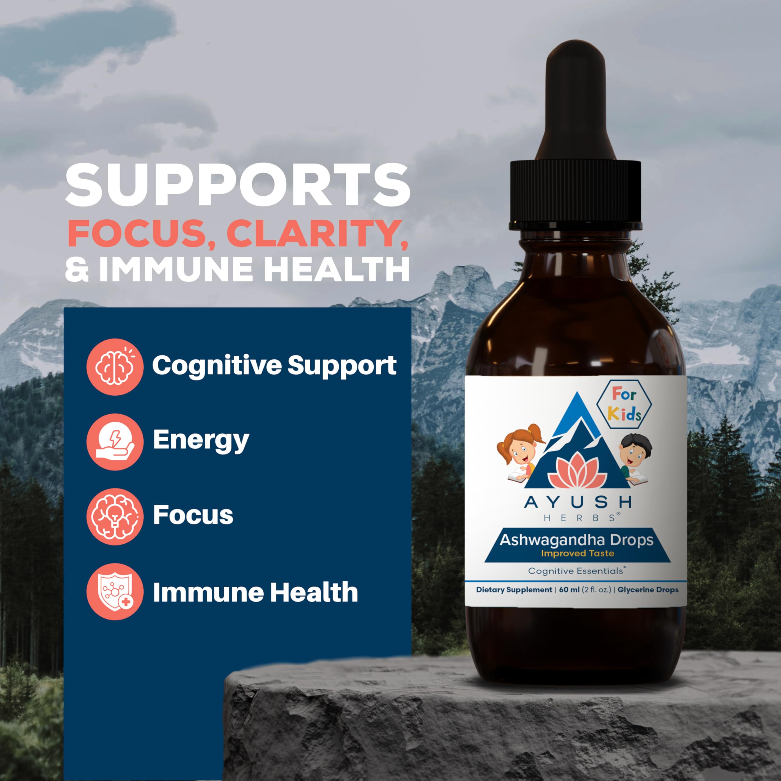 Ayush Herbs dropper releasing drops for easy dosing and focus support