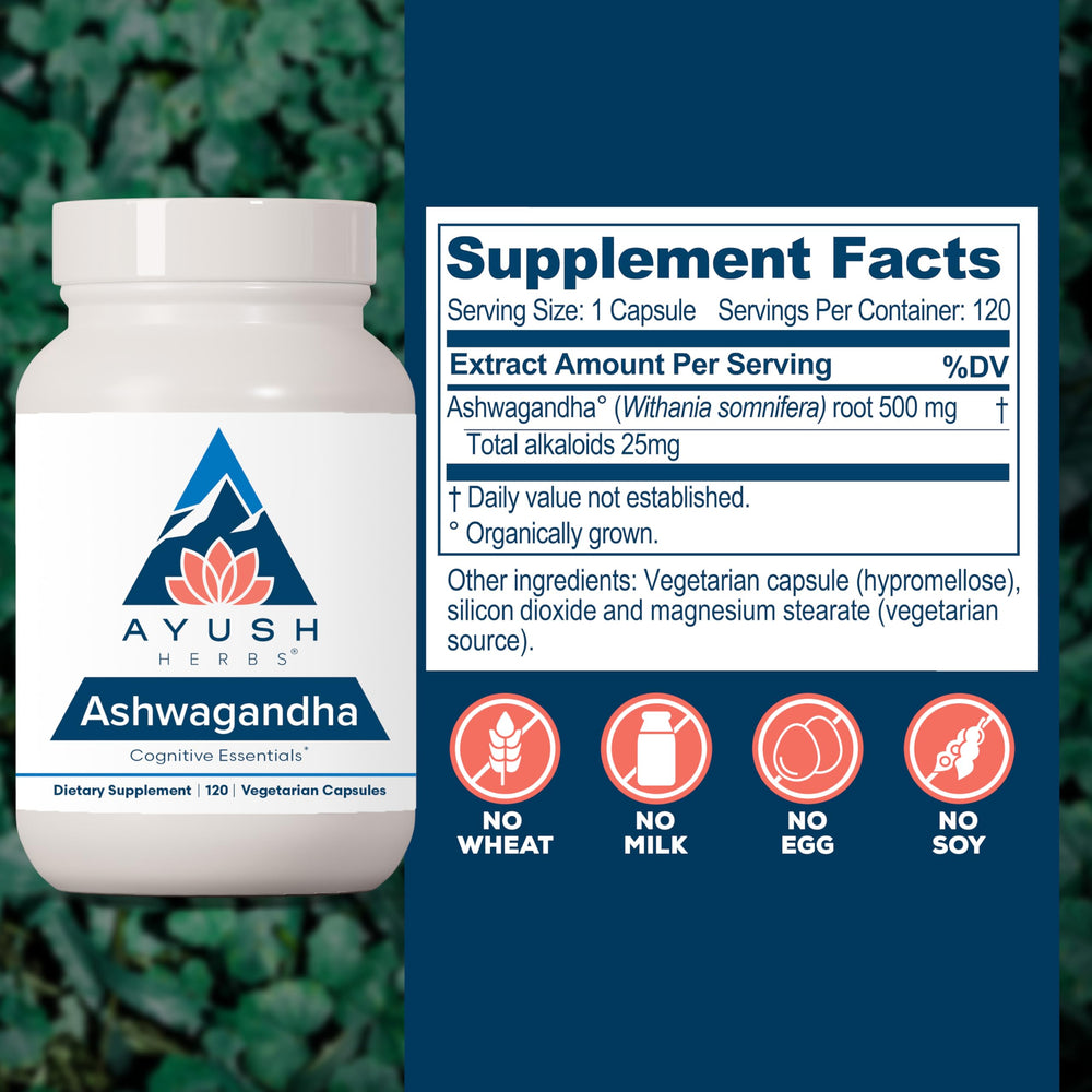 Ayush Herbs Ashwagandha powder jar highlighting pure root extract