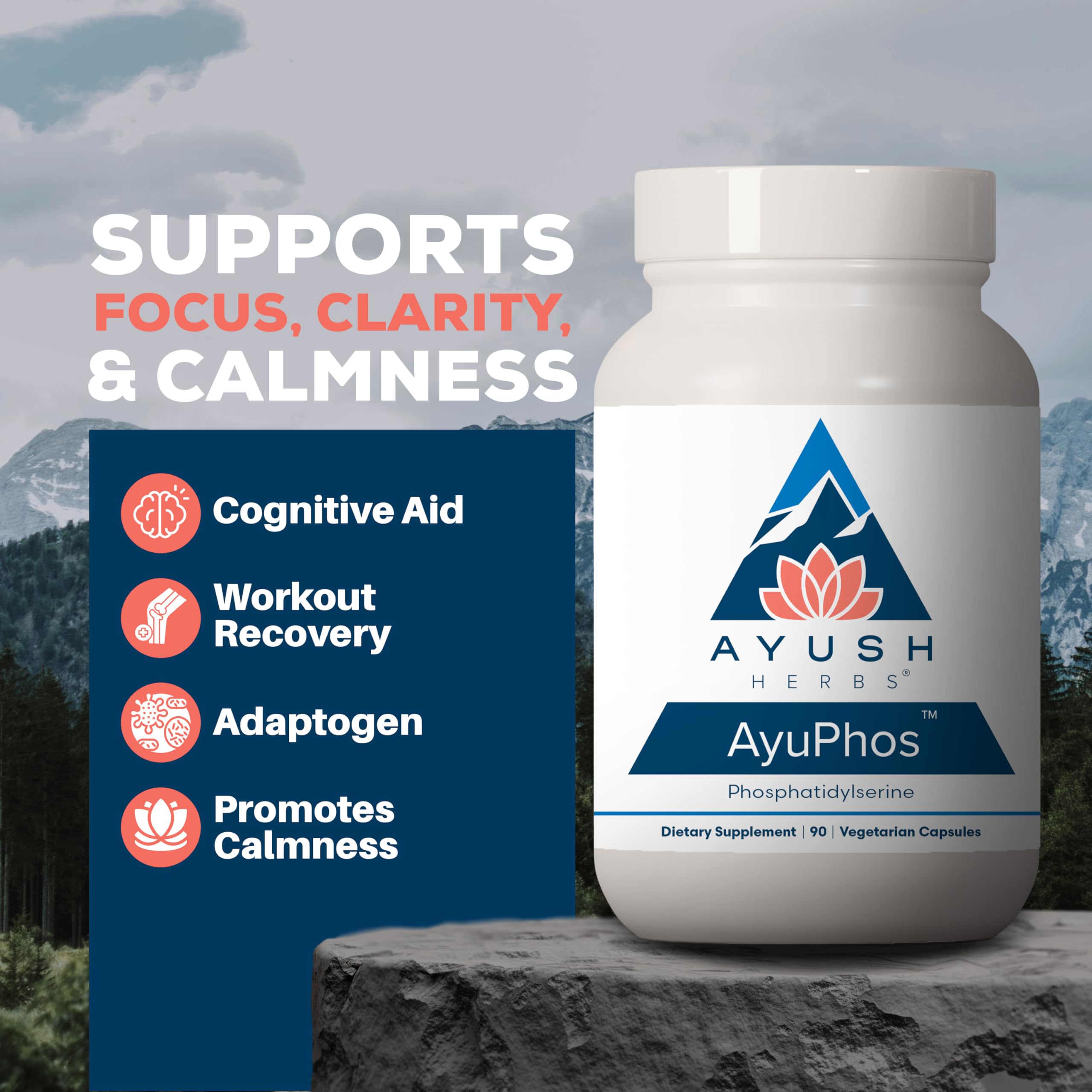 AyuPhos bottle label highlights sunflower-derived PS for brain support