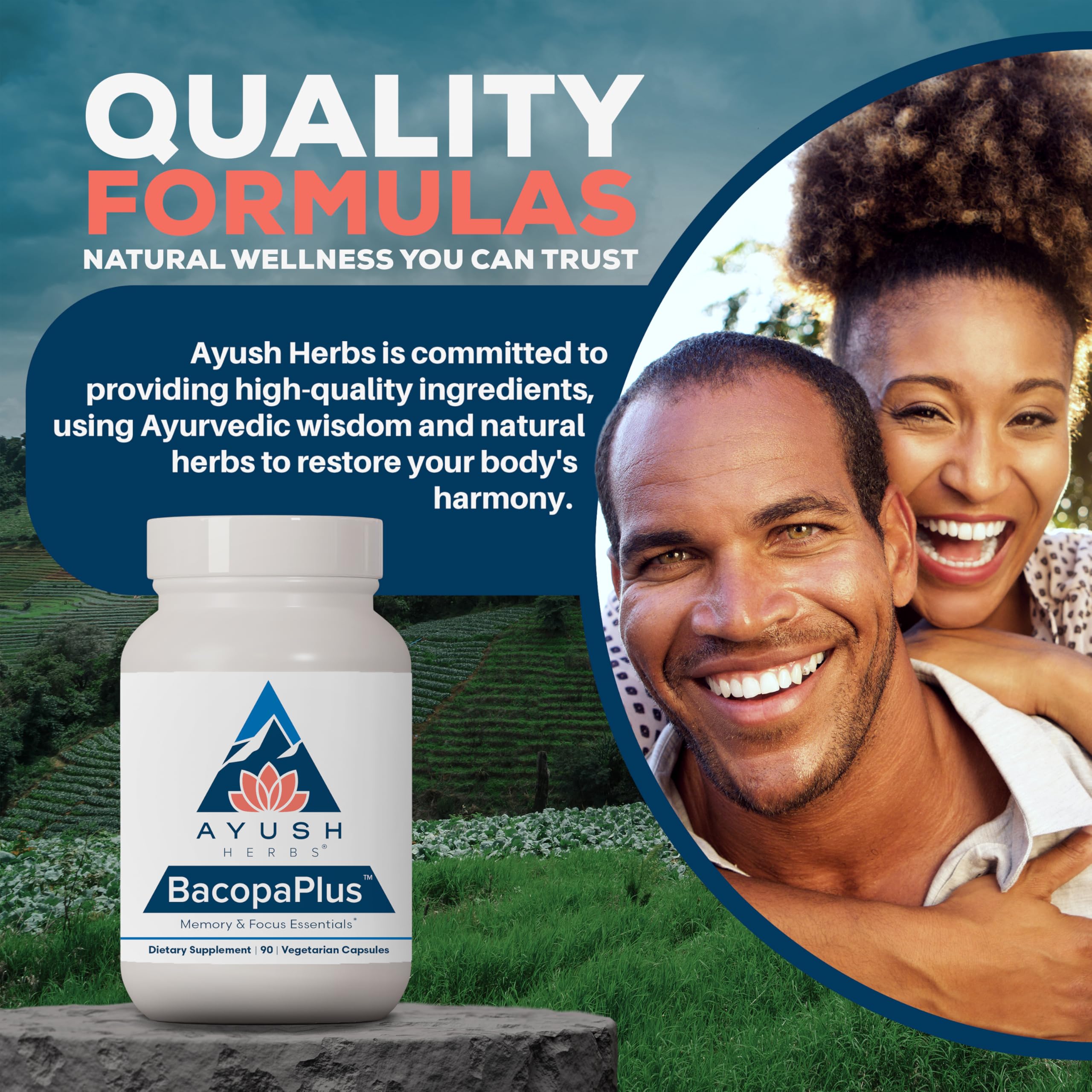 Ayush Herbs BacopaPlus box highlighting traditional Ayurvedic roots for cognitive wellness