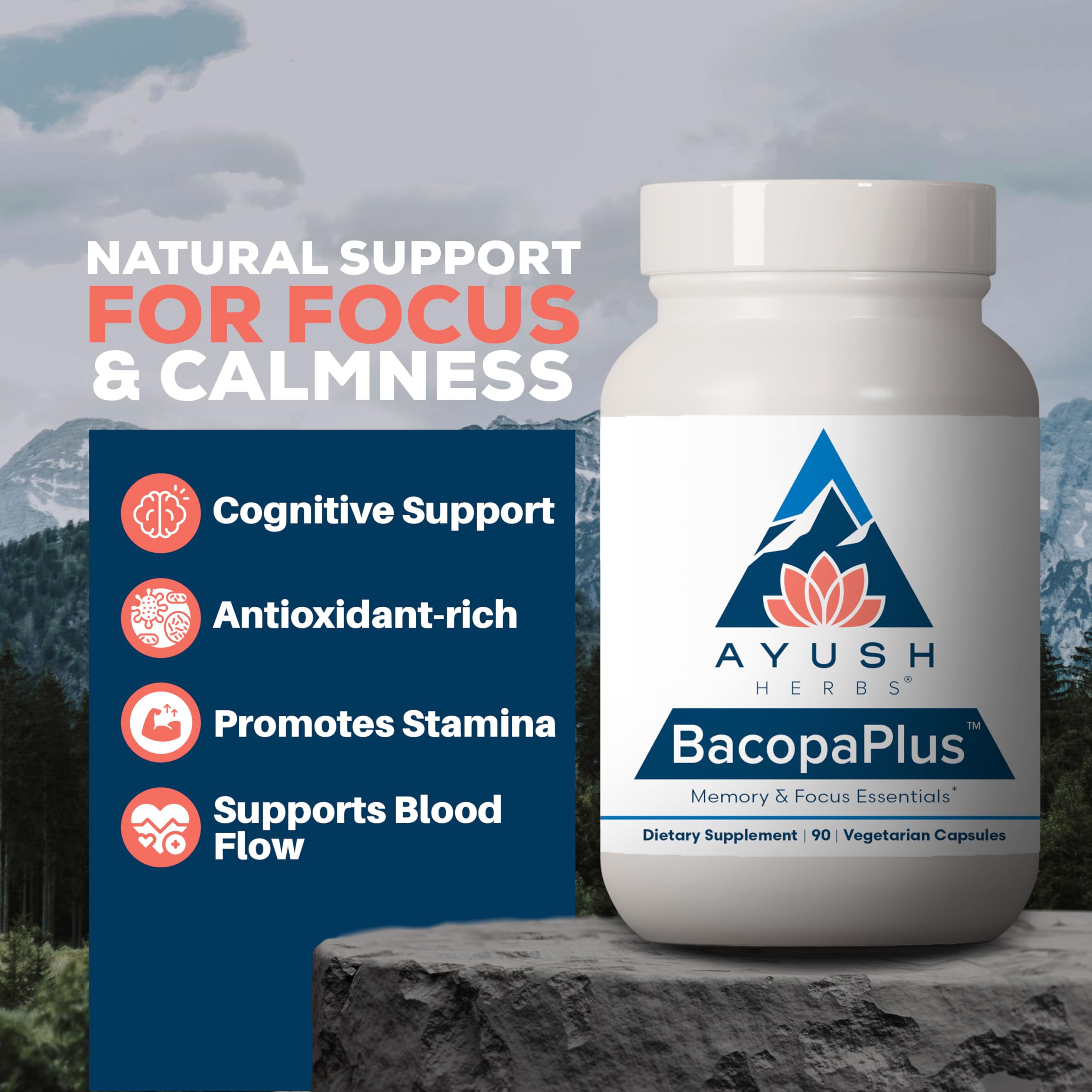 Ayush Herbs BacopaPlus capsules close-up showing vegetarian formula for daily cognitive support