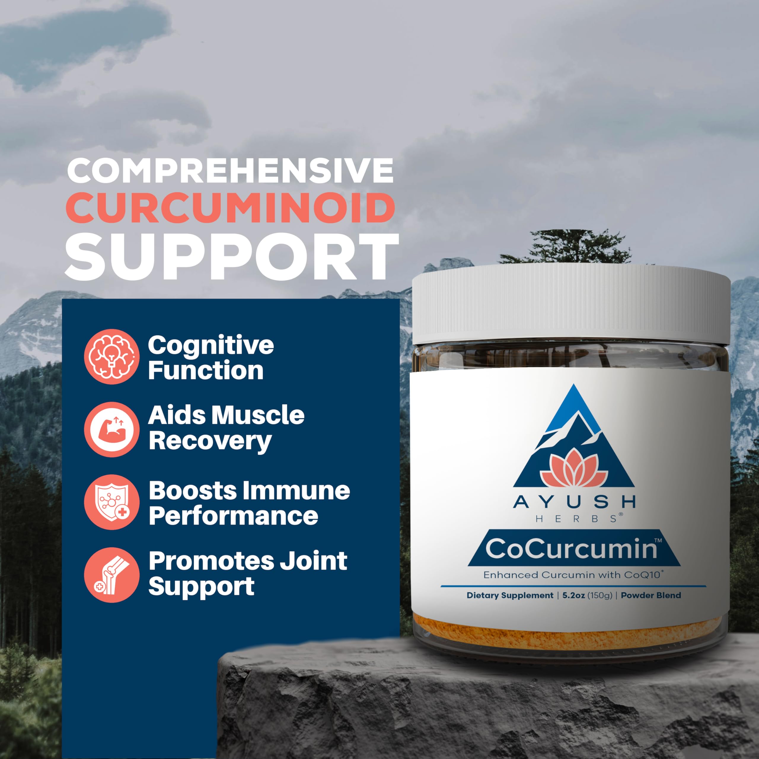 Ayush Herbs CoCurcumin powder closeup shows turmeric texture and organic ingredients
