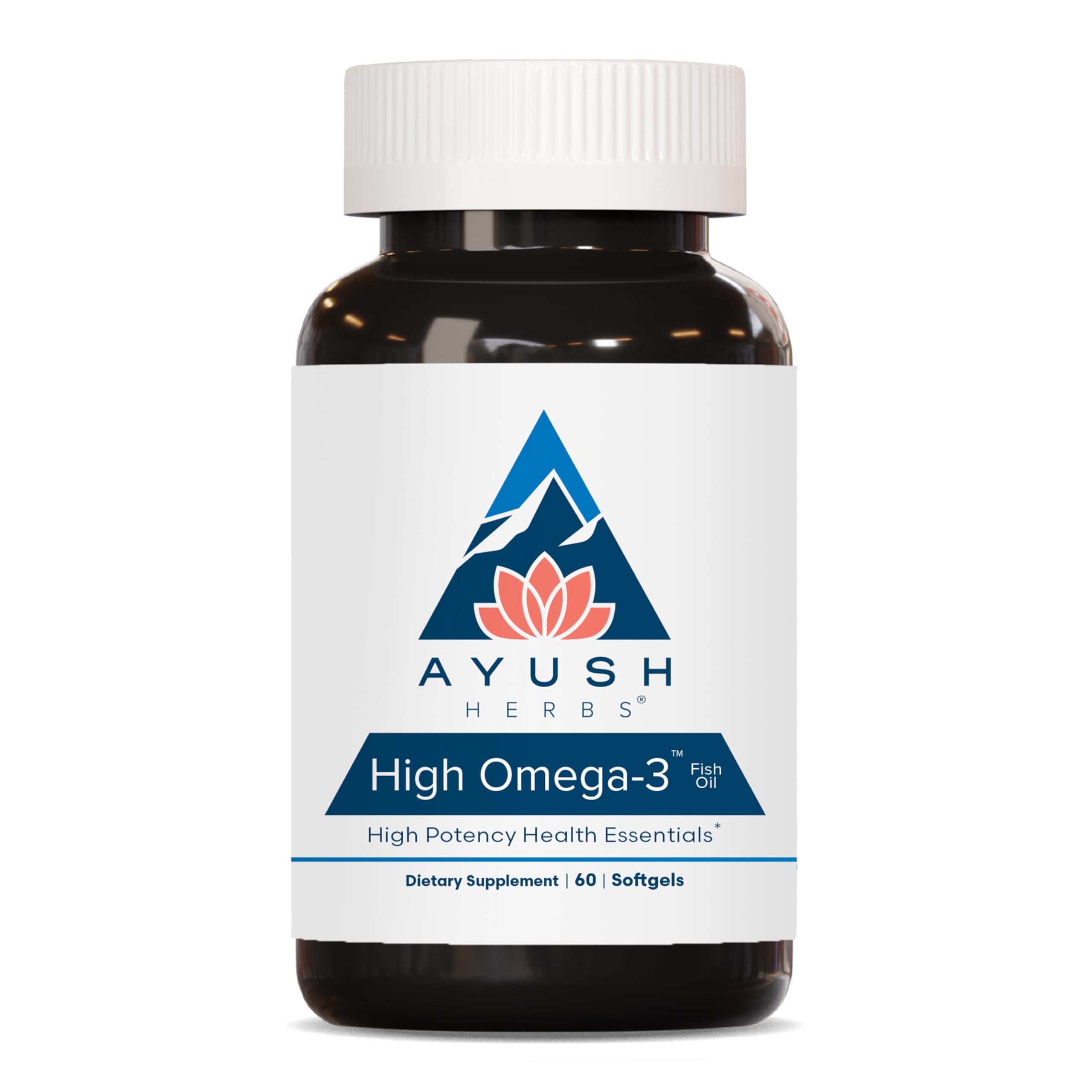 Ayush Herbs High Omega 3 bottle with softgels for daily heart and mind support.