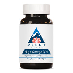 Ayush Herbs High Omega 3 bottle with softgels for daily heart and mind support.