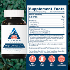 Ayush Herbs High Omega 3 capsule closeup showing EPA and DHA content.