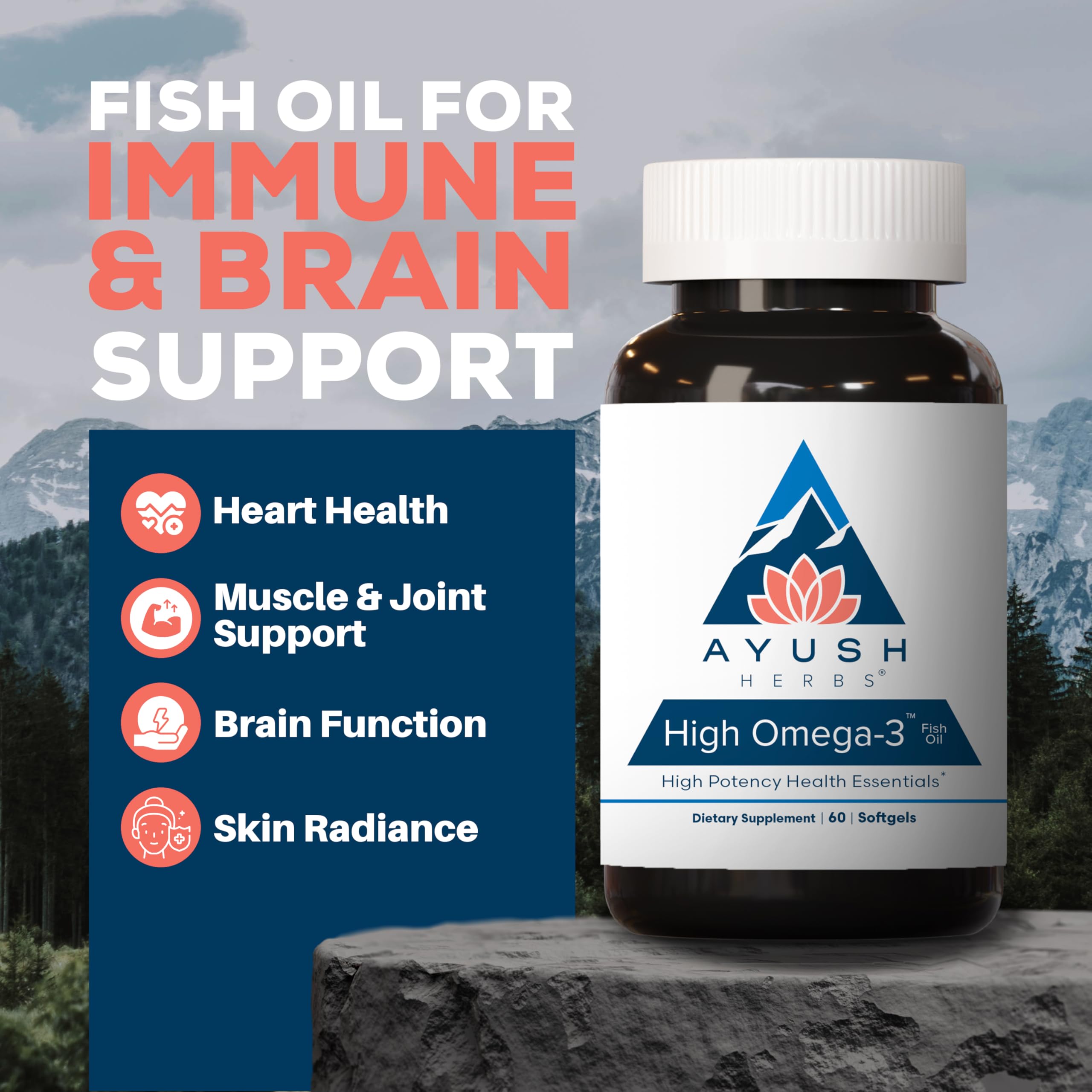 Ayush Herbs High Omega 3 lemon-flavored softgels highlighting pleasant taste and easy swallowing.