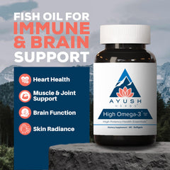 Ayush Herbs High Omega 3 lemon-flavored softgels highlighting pleasant taste and easy swallowing.