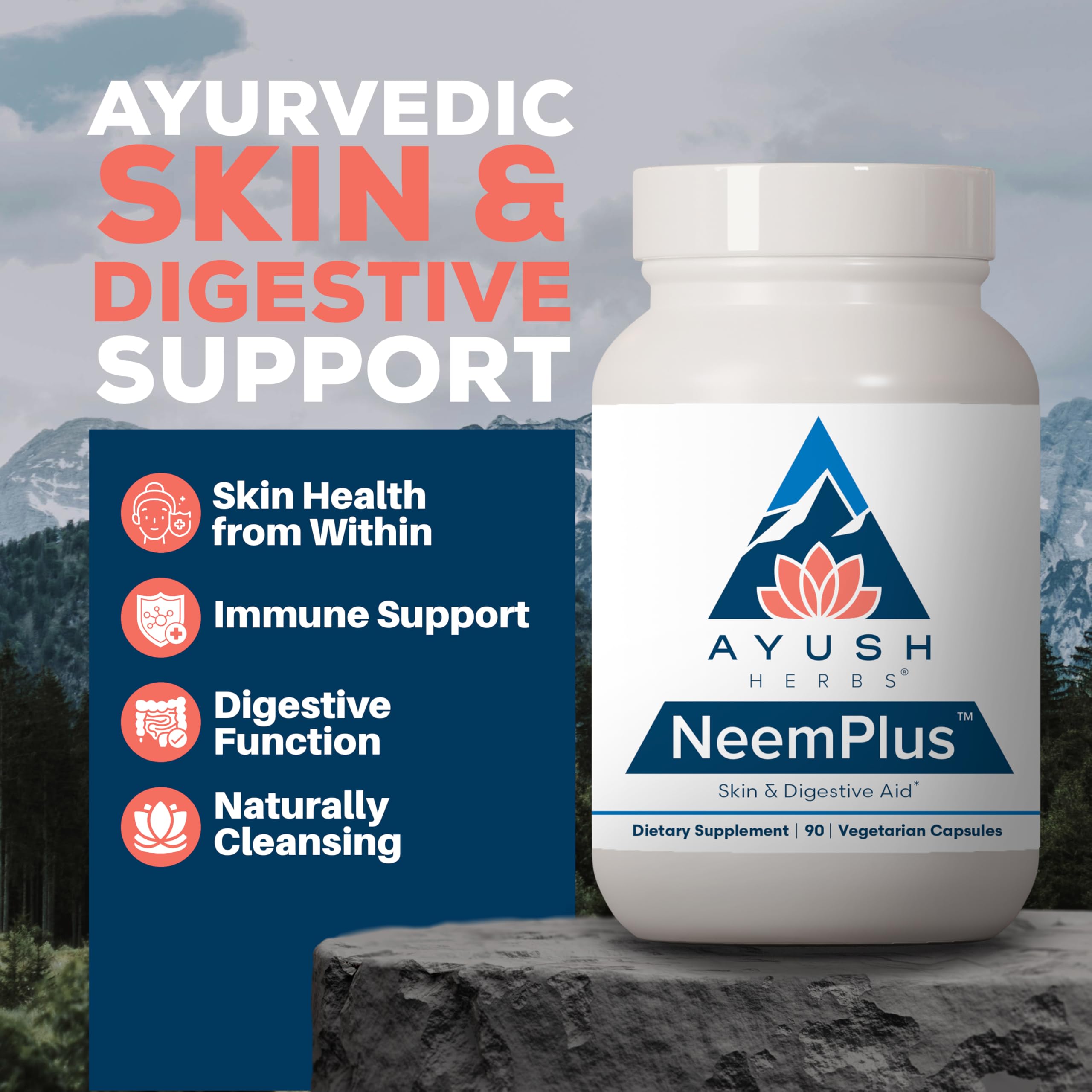 Ayush Herbs Neem Plus bottle label detailing natural ingredients for wellness