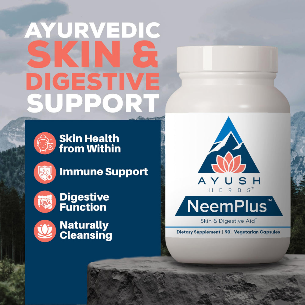 Ayush Herbs Neem Plus bottle label detailing natural ingredients for wellness