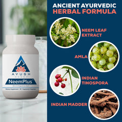 Ayush Herbs Neem Plus key ingredients featuring neem, amla, and beleric myrobalan