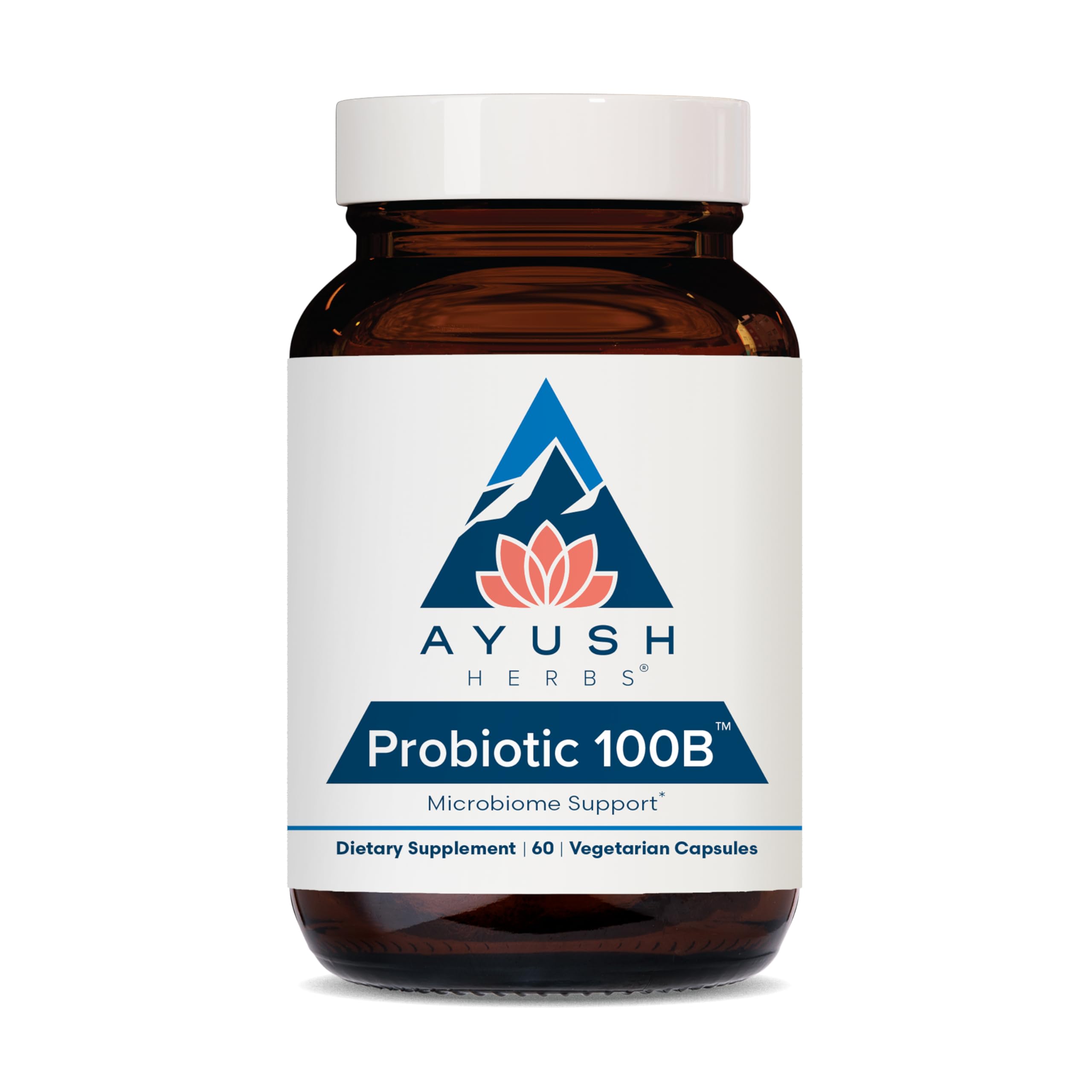 Ayush Herbs Probiotic 100B bottle front showing brand and label; supports digestive balance.