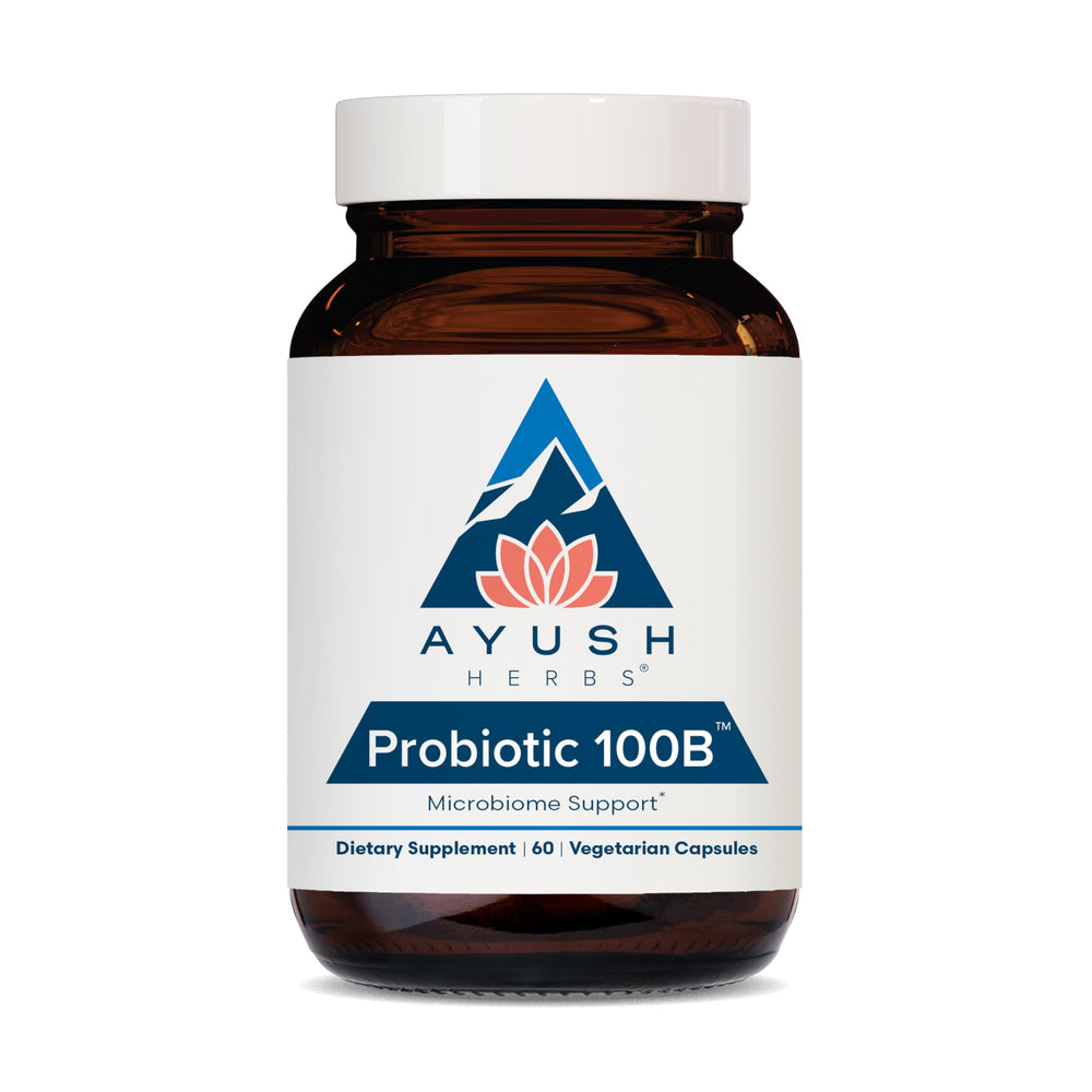 Ayush Herbs Probiotic 100B bottle front showing brand and label; supports digestive balance.