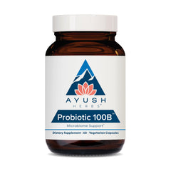 Ayush Herbs Probiotic 100B bottle front showing brand and label; supports digestive balance.
