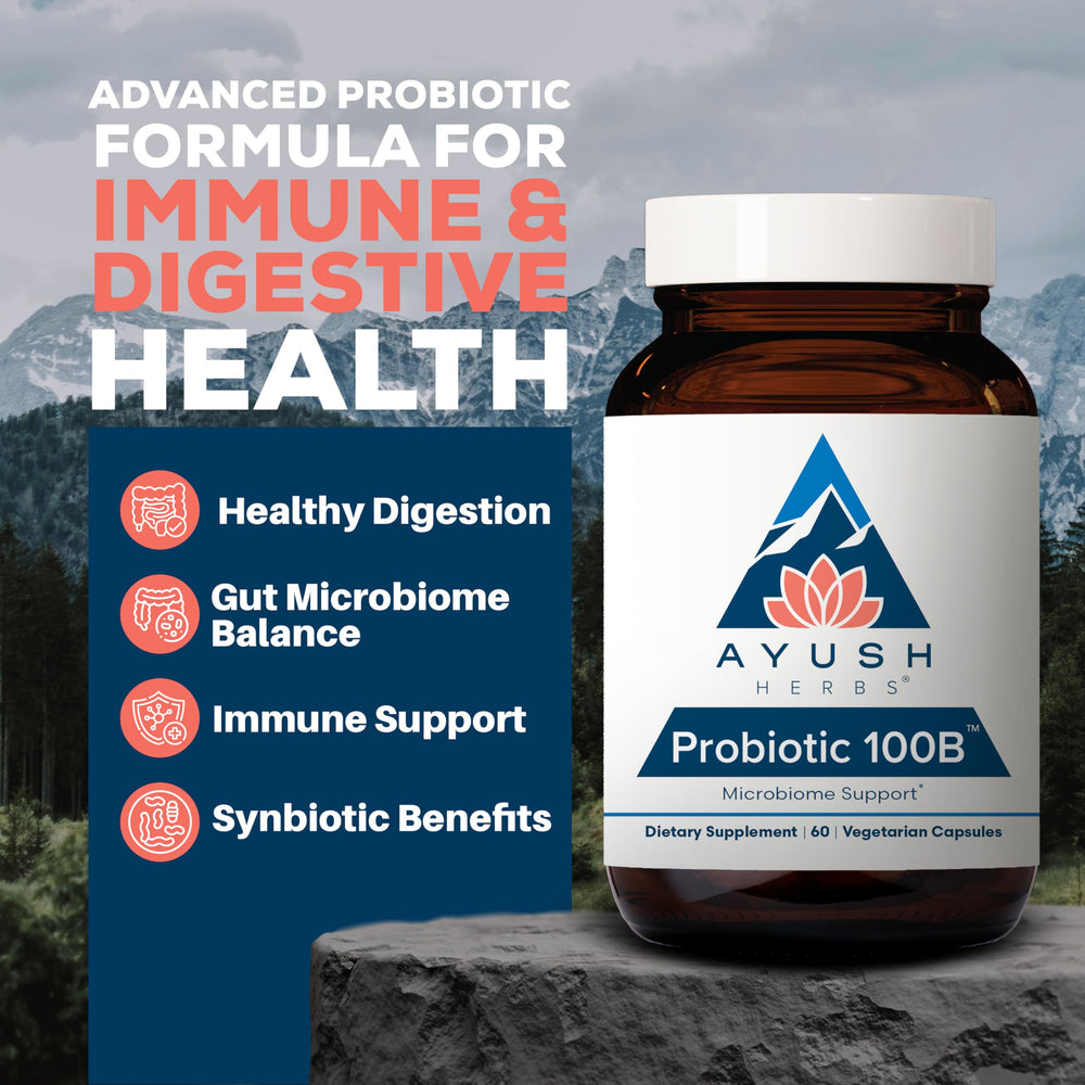 Ayush Herbs Probiotic 100B capsules closeup highlighting capsule texture and probiotic blend.