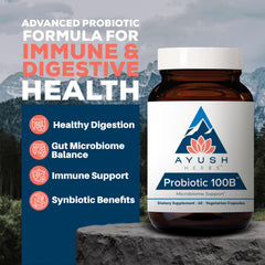 Ayush Herbs Probiotic 100B capsules closeup highlighting capsule texture and probiotic blend.