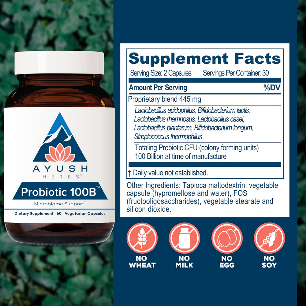 Ayush Herbs Probiotic 100B label details and ingredients supporting gut health.