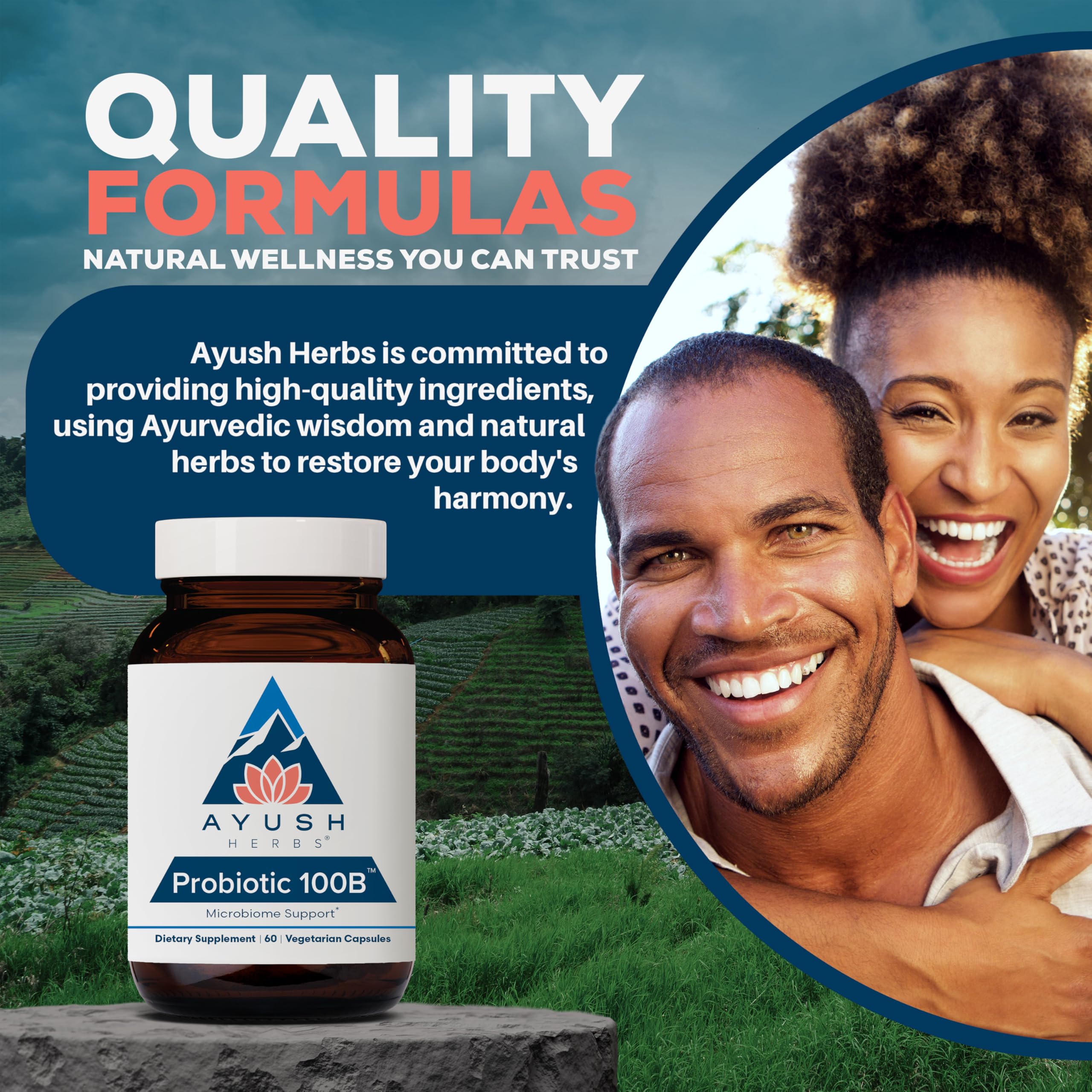 Ayush Herbs Probiotic 100B bottle beside a glass of water for daily use.